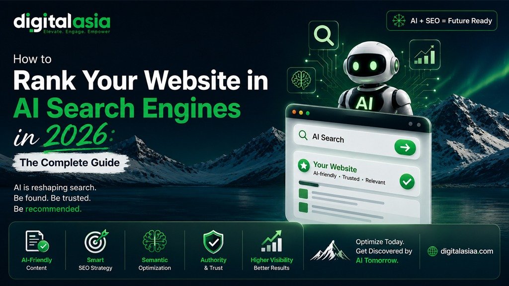 How to rank your website in AI Search Engines in 2026 using AI-friendly content, semantic SEO, EEAT, structured data, and AI SEO strategies by Digital Asia.